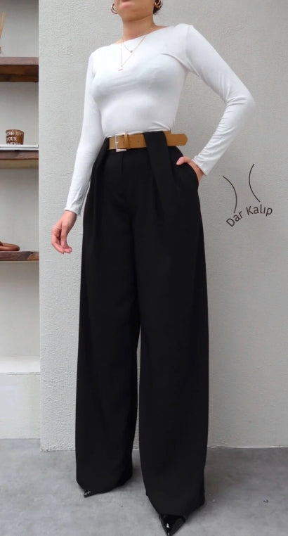 Köprü Detaylı Kemerli Palazzo Pantolon