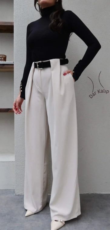 Köprü Detaylı Kemerli Palazzo Pantolon